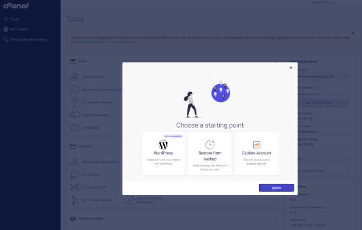 Tela de boas-vindas do cPanel (primeiro acesso)