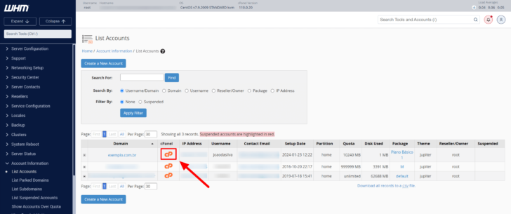 Atalho para acesso ao cPanel, na lista de contas do WHM