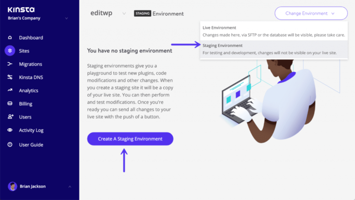 A hospedagem WordPress da Kinsta oferece a criação de ambientes de teste pelo painel de controle - Imagem: Kinsta