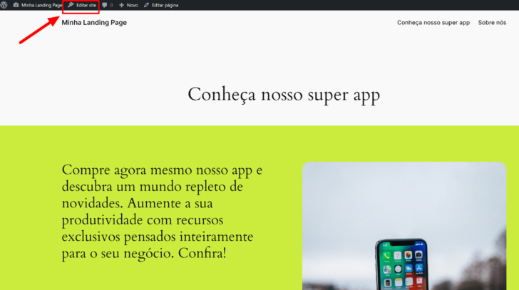 Link para abrir o editor de aparência do site