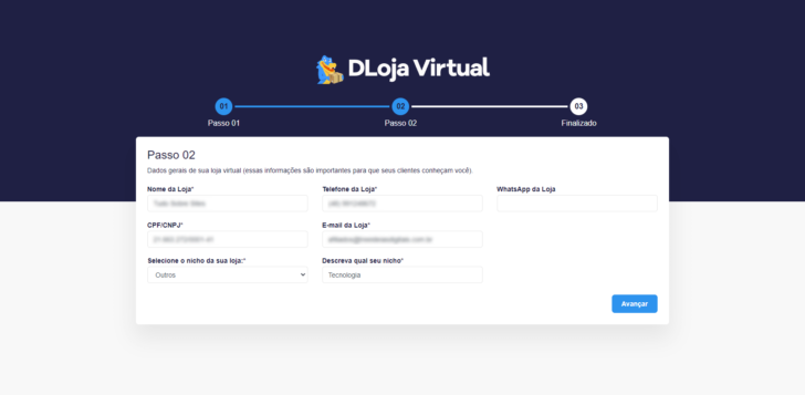 No primeiro acesso ao painel da DLoja Virtual é necessário informar os dados básicos da loja