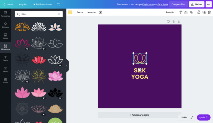 Tela de edição de layout do Canva