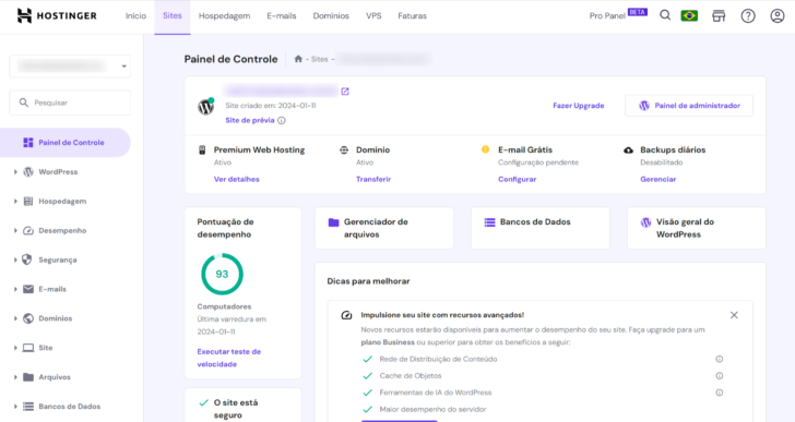 Painel de controle do site na hospedagem Hostinger