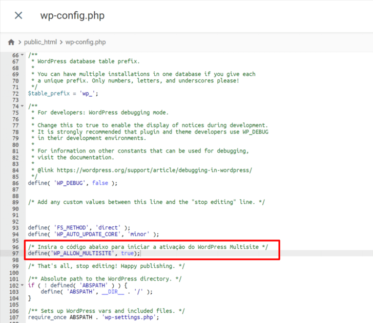 Edição do arquivo wp-config.php