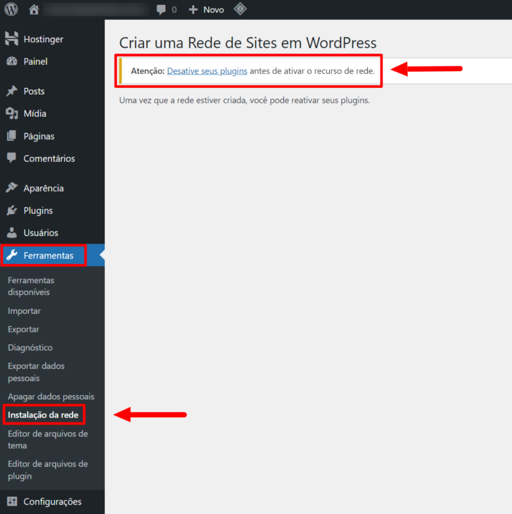 Após editar o arquivo wp-config.php, a opção de rede fica visível entre as ferramentas