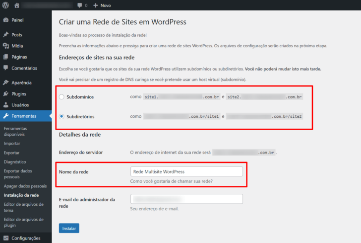 Tela de instalação da rede Multisite, no painel do WordPress