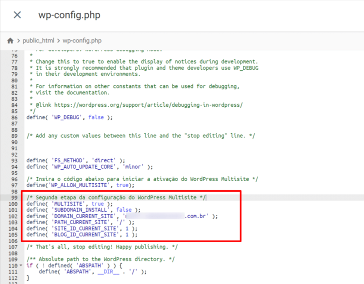 Edição do arquivo wp-config.php