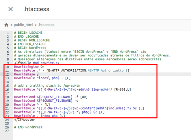 Edição do arquivo .htaccess