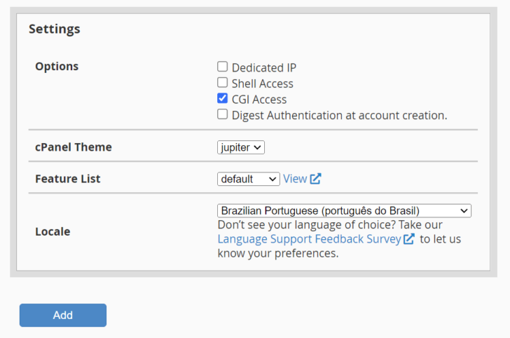 Detalhe da tela de criação de pacotes no WHM