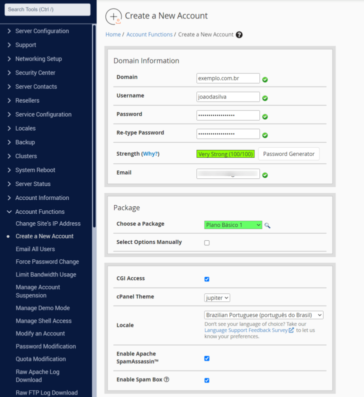 Detalhe da tela de criação de contas cPanel no WHM