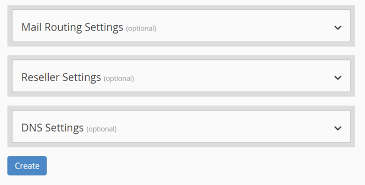 Detalhe da tela de criação de contas cPanel no WHM