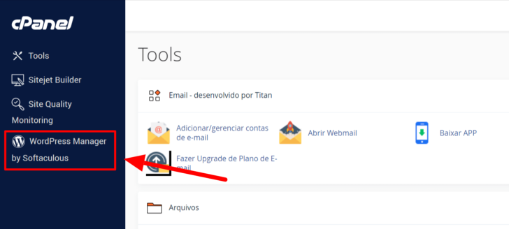 Link para o instalador do WordPress no cPanel