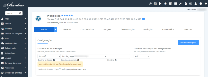 Formulário para instalação do WordPress