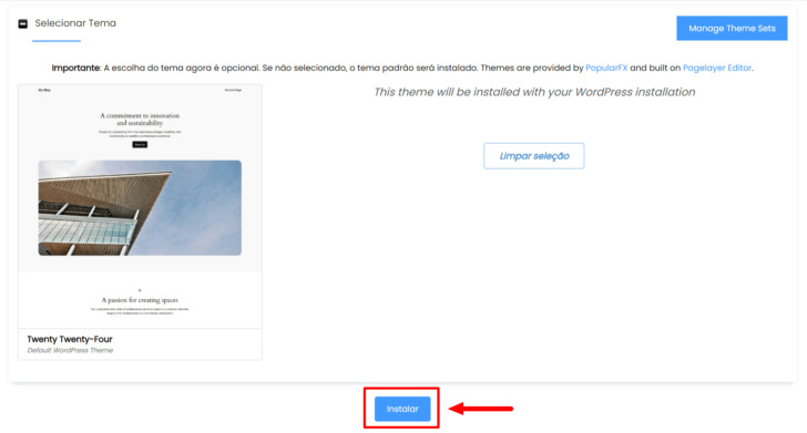 Botão para instalação do WordPress