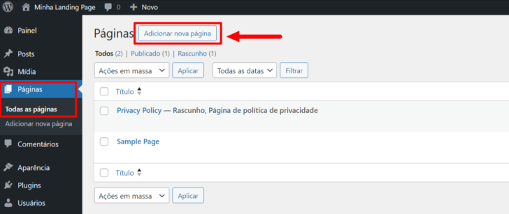 O primeiro passo para a criação da landing page é adicionar uma nova página