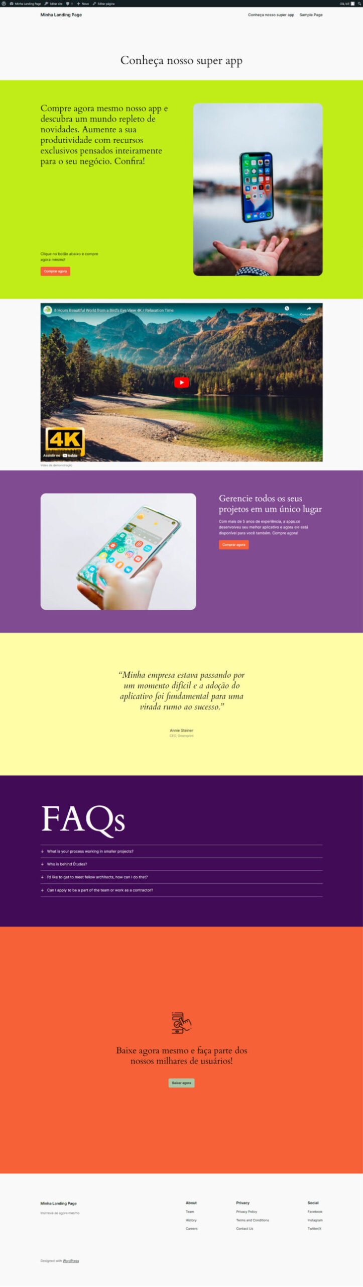 Aparência final da landing page de vendas criada com o WordPress