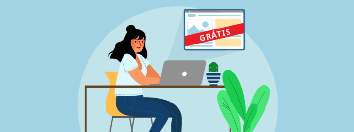 Mulher sentada em uma mesa digitando em um computador sobre a mesa. Do computador sai um navegador com um site e uma faixa escrito grátis sobre o navegador.