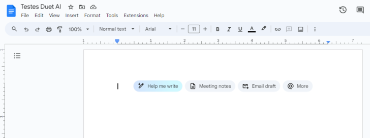 Documento em branco, com a opção de usar o Duet AI para começar a escrever