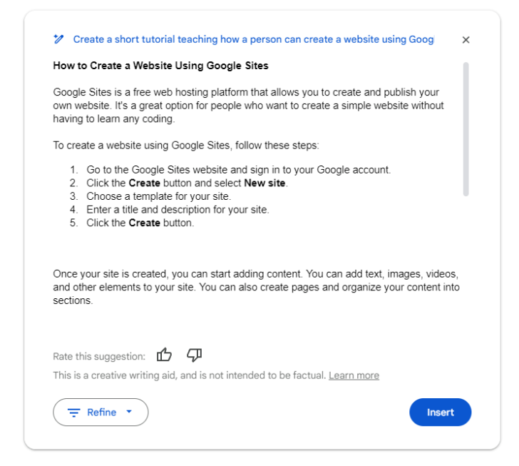 Primeira sugestão de texto gerada por inteligência artificial dentro do Google Documentos