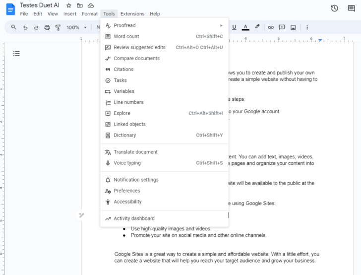 Menu com a opção de tradução, no Google Documentos
