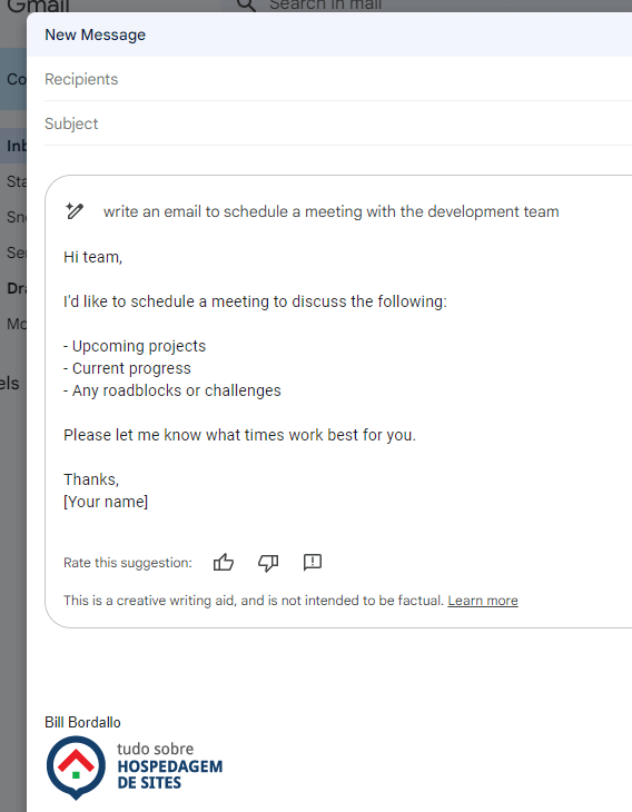 Sugestão de texto para um e-mail criado pelo assistente Duet AI no Gmail
