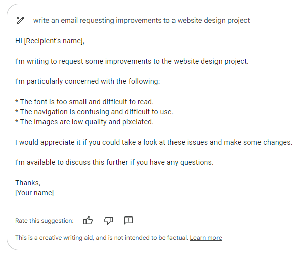 Sugestão de texto para um e-mail criado pelo assistente Duet AI no Gmail