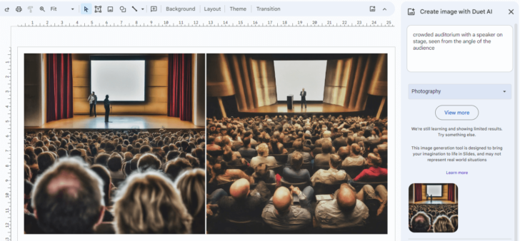Imagens geradas por inteligência artificial dentro do Google Apresentações