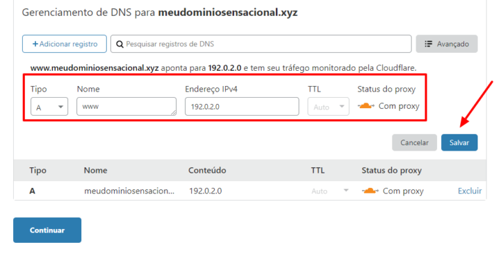 Repita o procedimento para inserir o registro www na zona de DNS do domínio