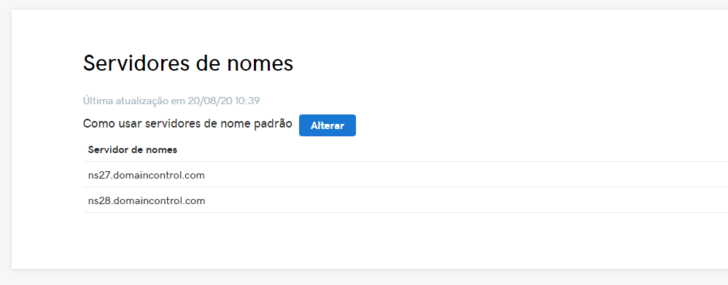 Painel da GoDaddy exibindo os namerservers previamente configurados em meu domínio