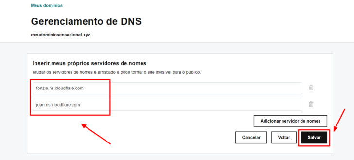 Na tela de edição de DNS, faço a inserção dos nameservers fornecidos pelo CloudFlare