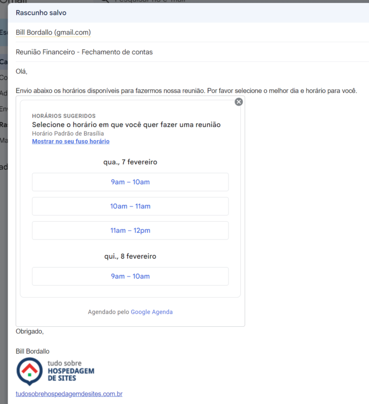 Exemplo de sugestão de horários no corpo do e-mail