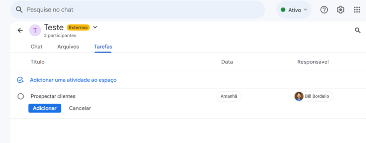 Exemplo do recurso Espaços, no Gmail Profissional