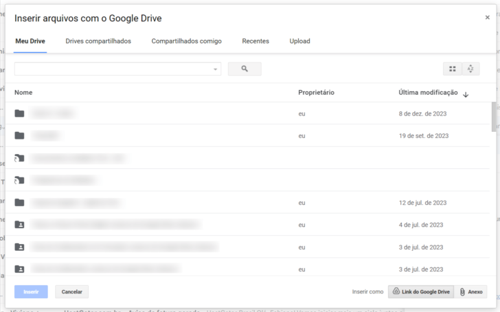 Janela para anexar arquivos do Drive no Gmail Profissional