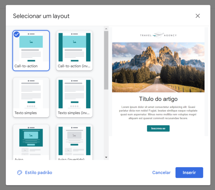 Seleção de templates de e-mail marketing no Gmail Profissional