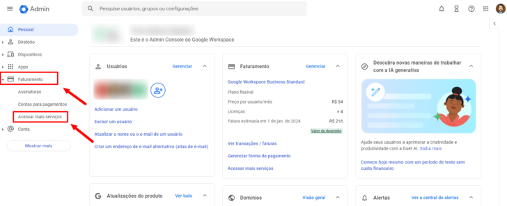 Página inicial do painel Google Admin, com a indicação do caminho para ativar o Duet AI