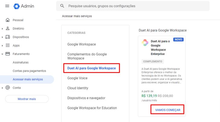 Página de serviços adicionais do Google Workspace