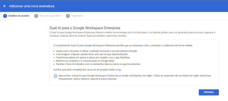 Primeira etapa de contratação do Duet AI no painel Google Admin