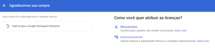 Tela de conclusão de compra, com a opção de selecionar usuários manualmente para ativar o Duet AI