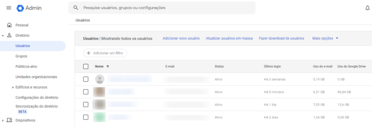 Página com a lista de usuários ativos no Google Workspace