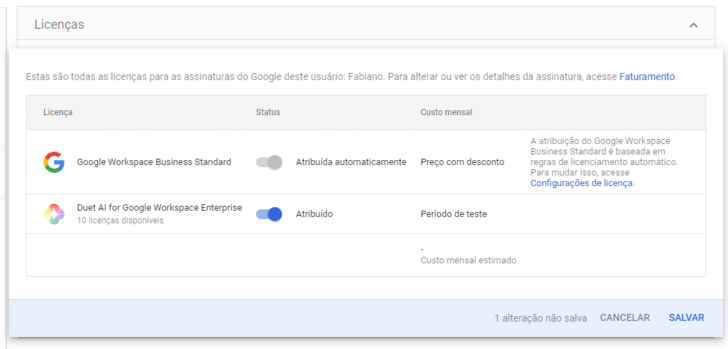 Ativação da licença do Duet AI para um usuário específico