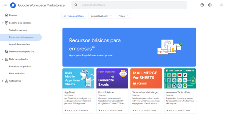 O marketplace do Google Workspace oferece centenas de integrações para os diversos aplicativos da suíte de programas