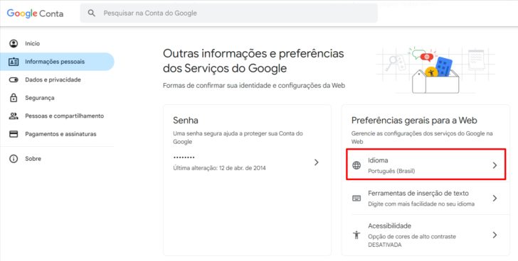 Página de gerenciamento de conta Google