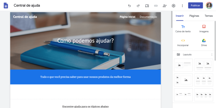 Captura de tela do editor do Google Sites