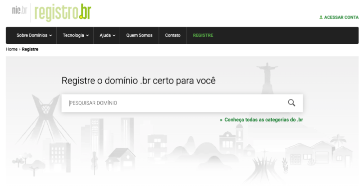 Página de registro de domínio no Registro.br