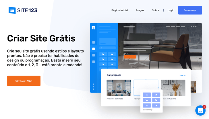 Página inicial do criador de sites Site123