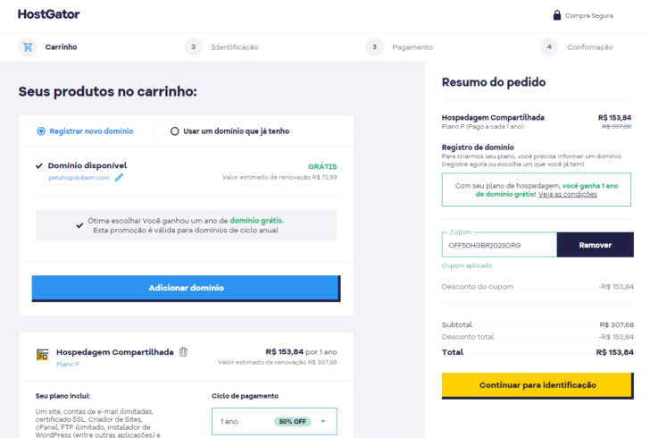 O domínio foi incluído gratuitamente ao optar por um plano de hospedagem anual