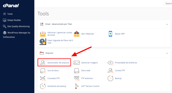 Gerenciador de arquivos no cPanel da HostGator