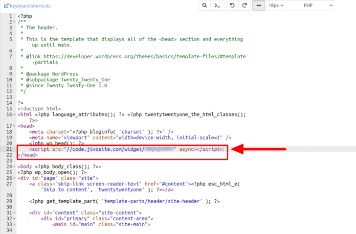 O código do chat online foi inserido dentro das tags <head> e </head>‘ style=”><figcaption style=