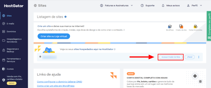 Acesso ao Criador de Sites no painel do cliente HostGator