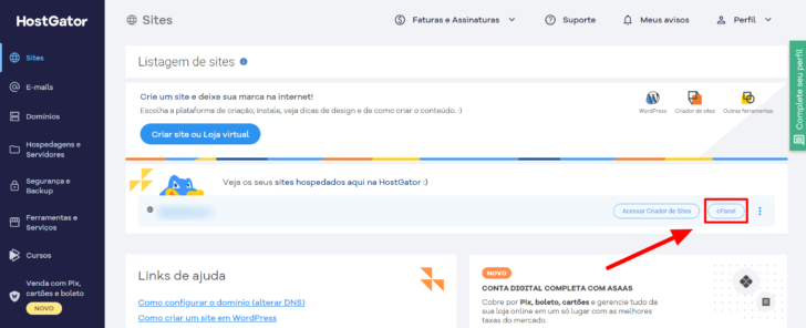 Lista de sites no painel do cliente HostGator